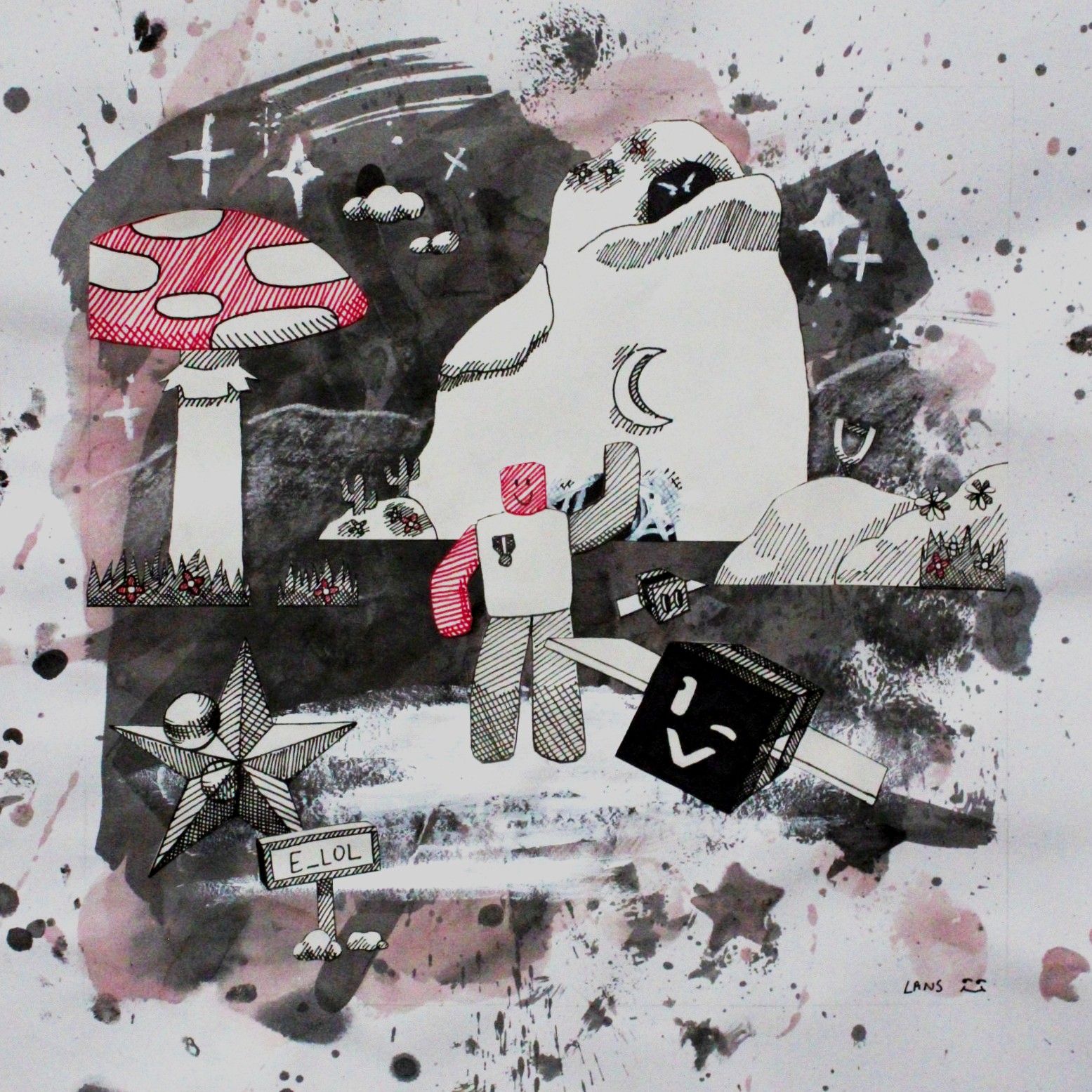 "Bee Swarm Simulator Collage," Collaged Ink & Paint on Paper, 2023